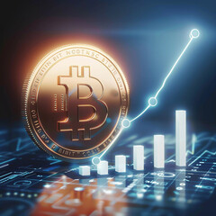  Golden Bitcoin with ascending 3D bar graphs on a digital interface