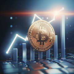 Digital Interface Featuring Golden Bitcoin and Ascending 3D Bar Graphs