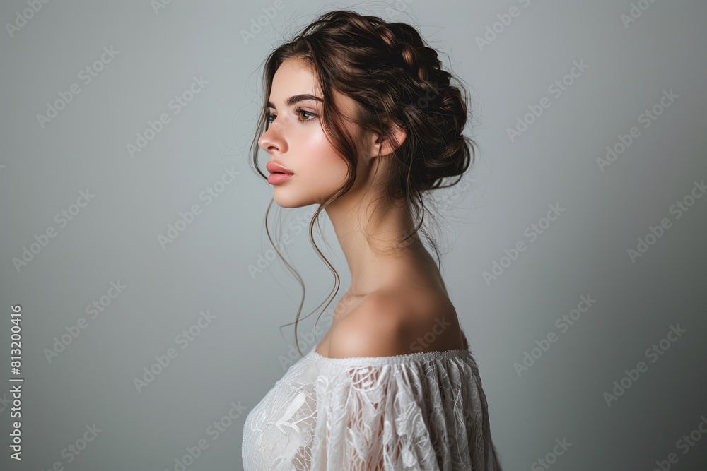 Wall mural young woman with fishtail braid updo wearing a lace top on gray background. side profile studio port