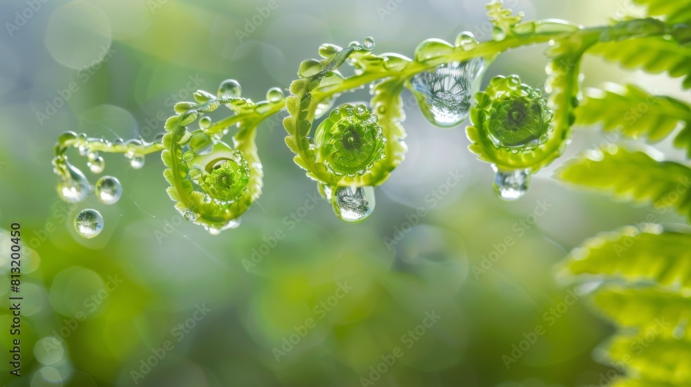 Poster Water droplets caught in the delicate curls of a fern frond, highlighting the intricate patterns and textures of nature.