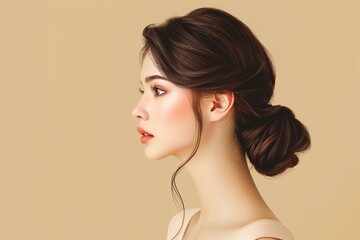 Young woman with elegant low bun hairstyle on beige background. Side profile studio portrait. Sophisticated beauty and hairstyle concept. Design for poster, banner.