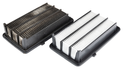 Car engine air filter. Replace one old, dirty air filter on brand new. Car air cleaning spare parts. Protect car engine. Auto parts store. High quality photo. Auto repair shop. Isolated background. 