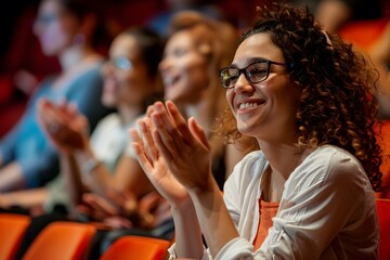 Woman in a audience in a theater applauding clapping hands. cheering and sitting together and having fun - Powered by Adobe