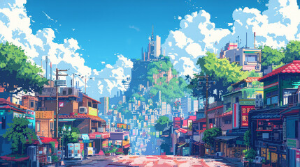 Vibrant Pixel Art Cityscape with Colorful Streets and Lush Greenery