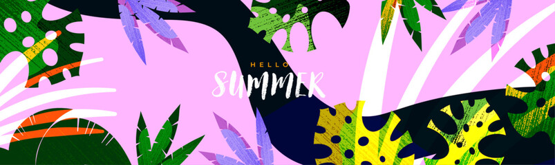 Summer background with tropical leaves and plants in green, pink and deep blue colors. Modern art design template for poster, cover, card, fashion ads, sales, social media, print. Minimalist style.