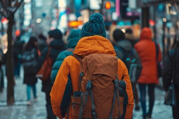 Back view of a young man with a backpack walking in the city