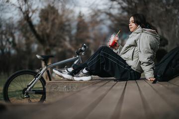 A lovely girl rests with her bike on a wooden deck in the park, sipping a drink and enjoying nature.