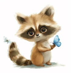 Obraz premium Watercolor cute raccoon with butterfly. Print or post card concept banner