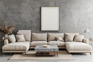 Modern minimalist living space with a beige sectional sofa and a granite coffee table under a frame mockup on a gray wall.
