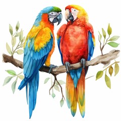 Obraz premium Watercolor parrot couple. Print or post card concept banner