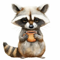 Obraz premium Cute raccoon with coffee cup isolated, simple flat illustration, copy space. Flat design, kids book cover or print concept