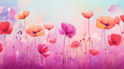 Fototapeta premium Delicate Poppy Flowers in a Pastel Colored Field Illustration