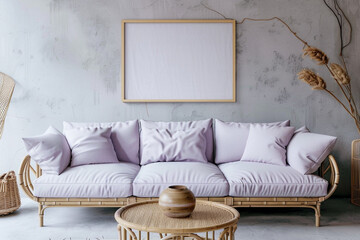 Serene living space with a pale lavender sofa and a bamboo coffee table, enhanced by a frame mockup...