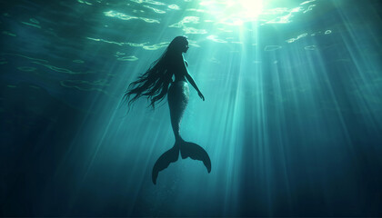 beautiful mermaid silhouette swimming underwater with light shining through the water surface, magical woman, fairy tale and magical creature