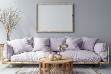 Serene living space with a pale lavender sofa and a bamboo coffee table, enhanced by a frame mockup on a cool gray wall.