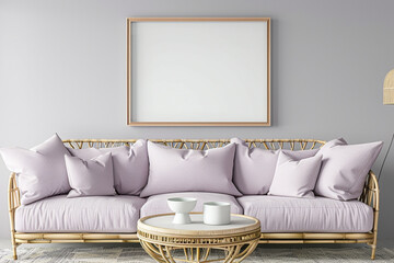 Serene living space with a pale lavender sofa and a bamboo coffee table, enhanced by a frame mockup...