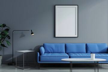 Sleek and modern home design with an electric blue sofa and a quartz table, accented by a frame mockup on a gray backdrop.