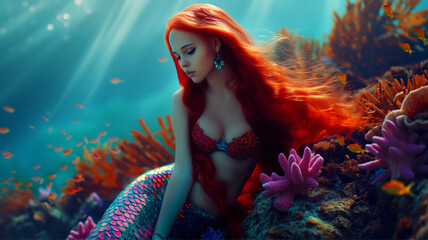 beautiful mermaid swimming underwater with light shining through the water surface, magical woman, fairy tale and magical creature