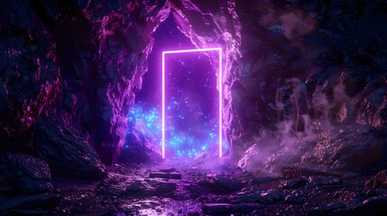 Abstract portal stone gate with neon glowing light in the dark space landscape of cosmic, rocky...