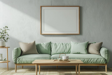 Zen-inspired living space with a seafoam green sofa and a teak coffee table, highlighted by a frame mockup on a soft gray wall.