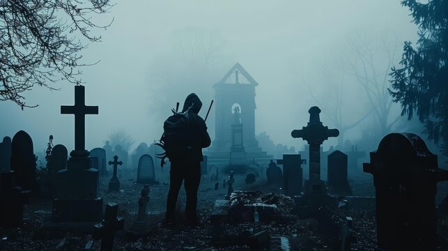 A ghost hunter explores a foggy cemetery on Halloween, using mystical tools to reveal hidden spirits, enhancing the sense of fear and mystery, isolated on white