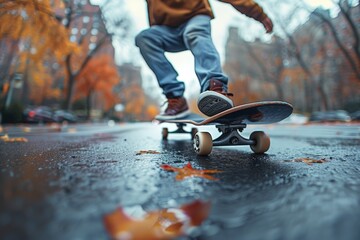 Obraz premium An active skateboarder performs a jump with colorful autumn leaves in a city backdrop