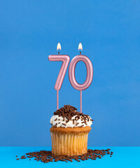 Birthday candle with cupcake on blue background - Number 70