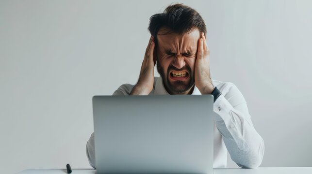 A serious businessman feeling frustrated and angry about job stress, working intensely on his laptop, isolated on white