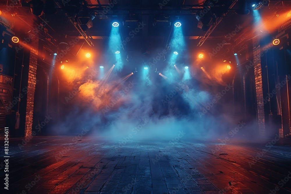 Poster a view of an empty stage with dramatic lighting and atmospheric fog creating an intense and mysterio