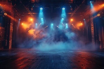 A view of an empty stage with dramatic lighting and atmospheric fog creating an intense and mysterious ambiance