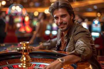 Attractive man smiling near a roulette wheel in a vibrant casino setting