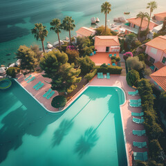 Aerial view on summer tropic resort with apartments and swimming pools. Background is beautiful sea with natural sunlight.