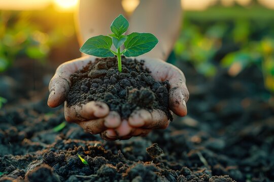 Fototapeta Hands are shown sheltering a young green plant sprouting from rich soil, evoking themes of protection and growth