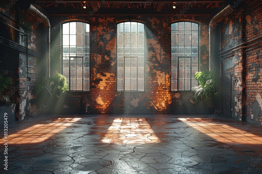Poster rays of sunlight filter through tall windows, casting a warm glow on the empty floor of an expansive
