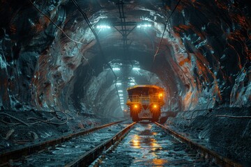 A dramatic image capturing an old-style locomotive emerging from the tunnel in a working mine area