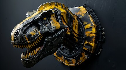 Robot dinosaur t-rex head wall mount design on isolated black background