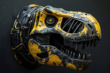 Robot dinosaur t-rex head wall mount design on isolated black background