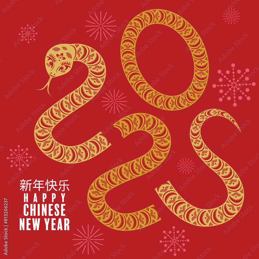 Wall mural happy chinese new year 2025 the snake zodiac sign with flower,lantern,pattern,cloud asian elements r