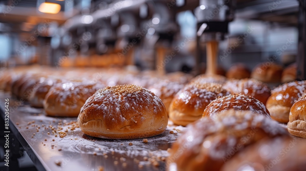 Poster an automated dough mixer blending ingredients in a futuristic bread factory showcases technological 