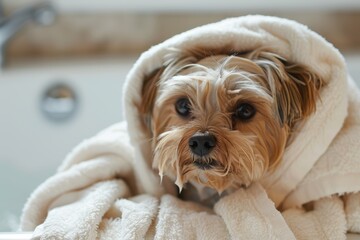 Sweet pet taking a bath, towel cuddles included