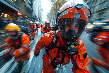 Obraz premium A dynamic, blurred motion shot of a firefighter in full gear running in an urban scenario, highlighting the intensity of rescue operations