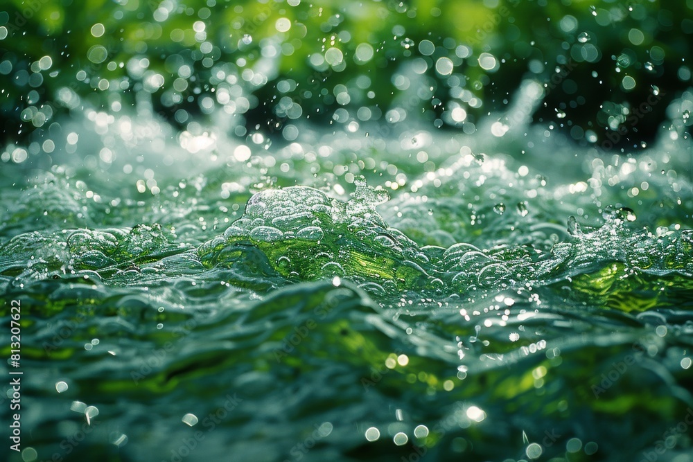 Poster macro shot capturing the dynamic motion of water with fresh splashes and bubbles on a bright sunny d
