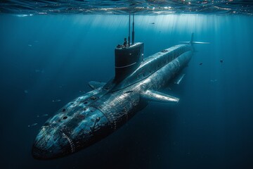 Obraz premium A submarine is submerged in clear blue water, sunlight streaking down and a shark visible in the background