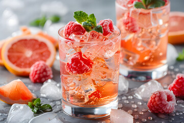 Fresh summer drinks cocktails with berries, fruits, ice and frost on glasses. Vacation open beach...