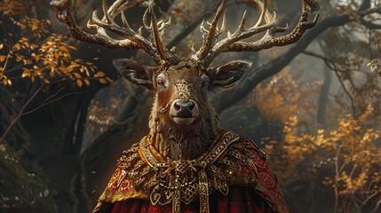 Deer in ancient clothes with shiny antlers. Generative Ai