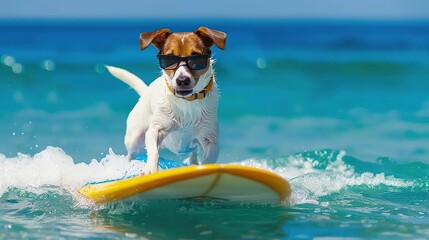 dog surfing on a surfboard wearing sunglasses at the ocean shore . Generative Ai