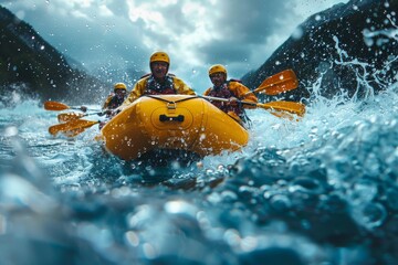 Fototapeta premium Team of rafters navigating strong river currents in a yellow raft, denotes teamwork in adversity