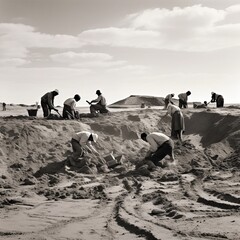 Black and white outdoor photograph of a group of men digging in the sand at an archaeological site, barren desert background. From the series �Lost Cities of Central Asia."