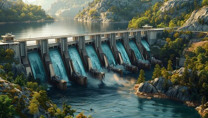 Illustrate a digital twin of a large dam, monitoring water levels, structural stability, and environmental conditions