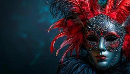 Illustrate a dramatic Venetian mask adorned with red and black sequins and a high plume of feathers, contrasted against a dark blue background
